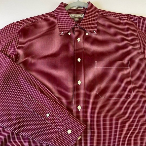 Paul Fredrick Button Down Shirt Red Plaid Check 16 1/2 - 35 Cotton Long Sleeve - Picture 5 of 5